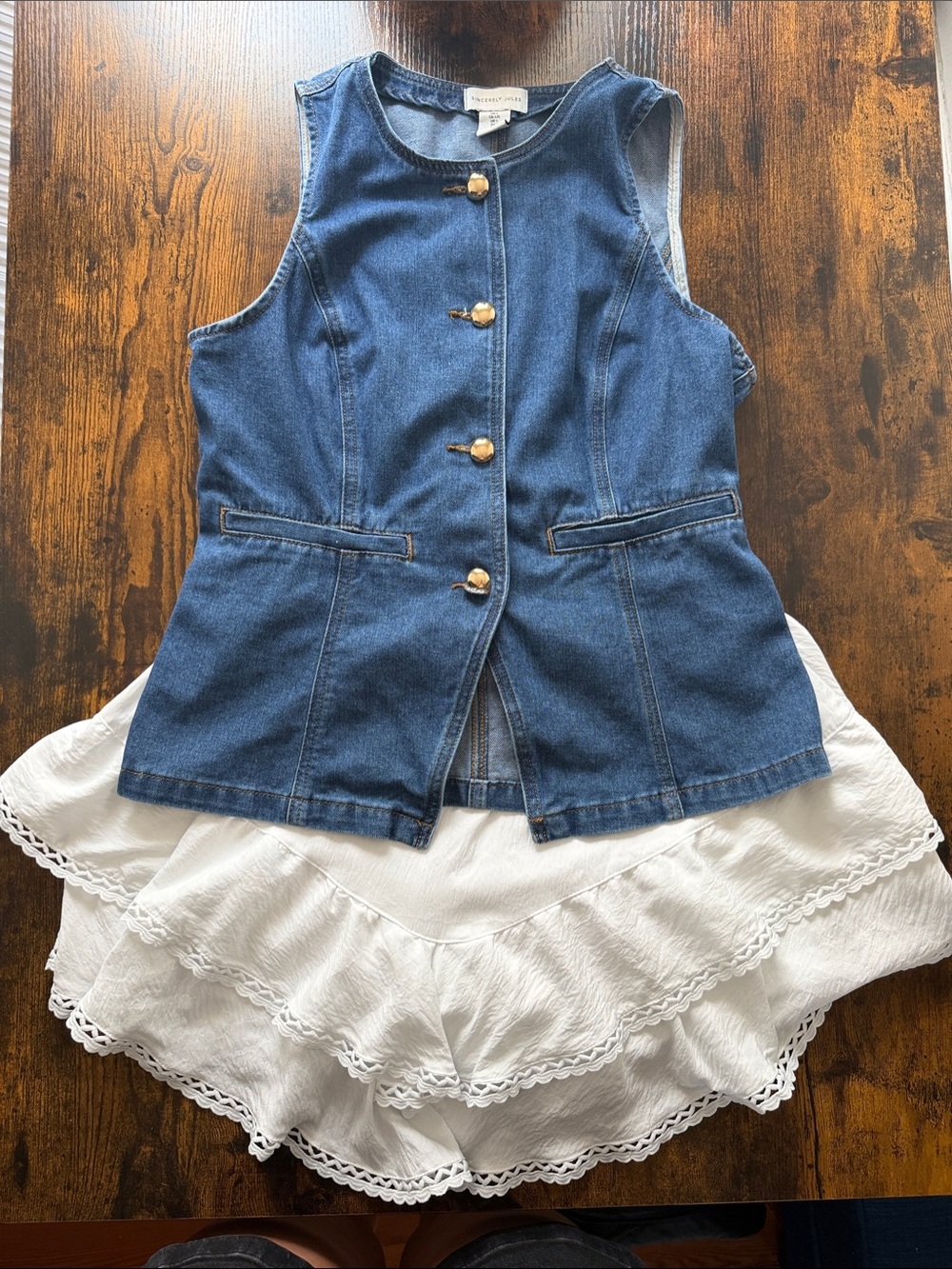 Outfit; Sincerely Jules Denim Vest with white skirt